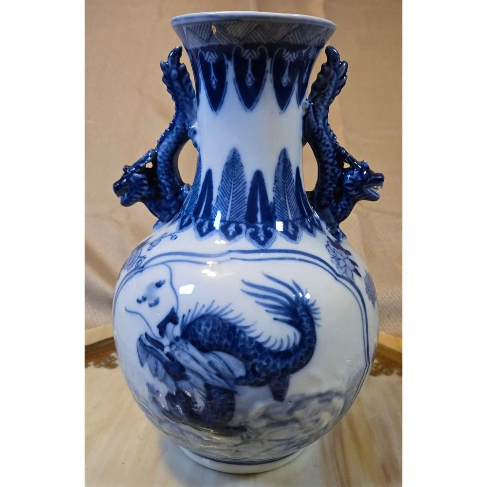 Vintage Chinese Blue White Porcelain Dragon Phoenix Vase Dragon Handles 10